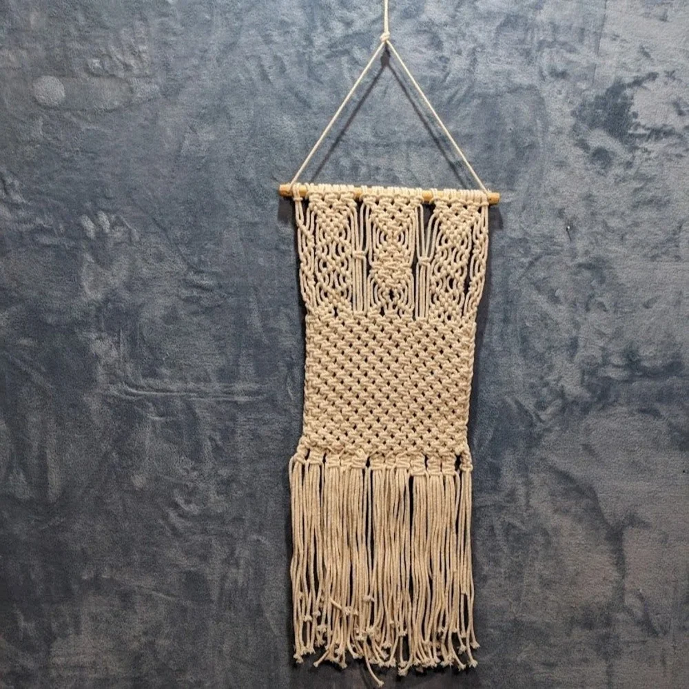 Boho Macrame Wall Hanging with Pocket Cream Cotton Fringe Wall Art Decor New